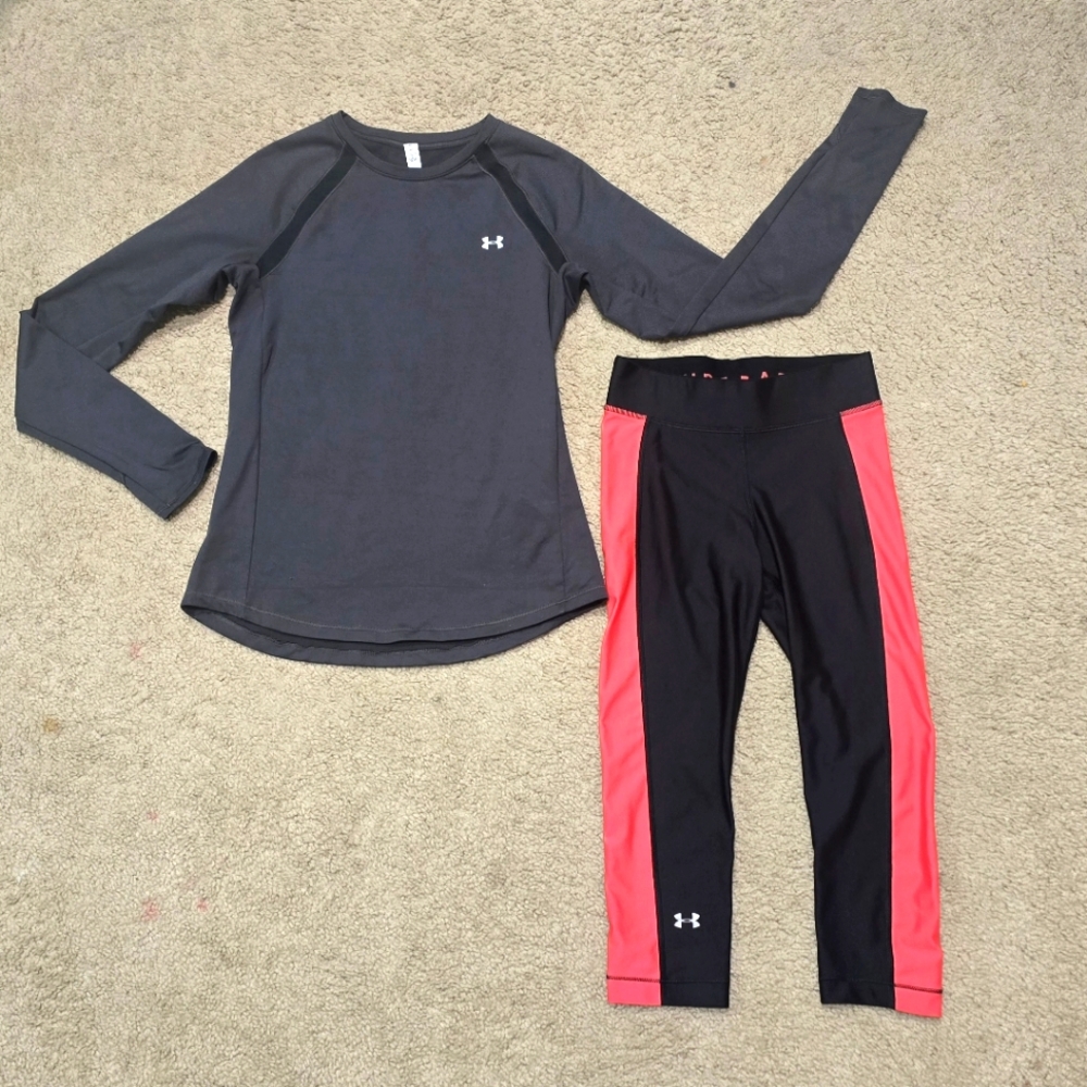 Womens Under Armour Running Shirt & Cropped Leggings Size Small Cozy Long Sleeve